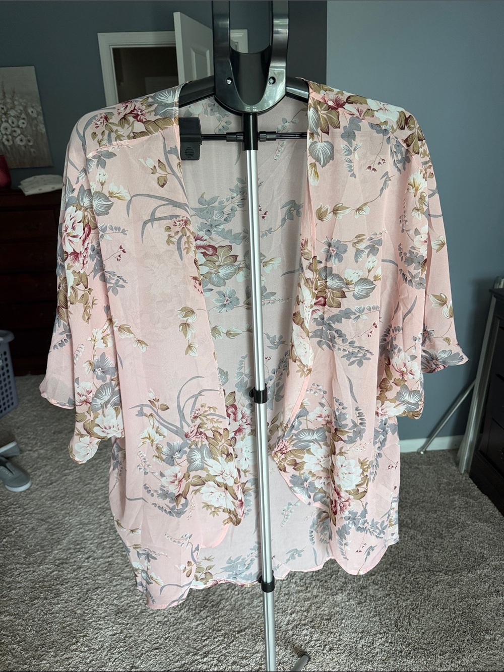 Floral Blush Pink Kimono Jacket - Lightweight Open Front
